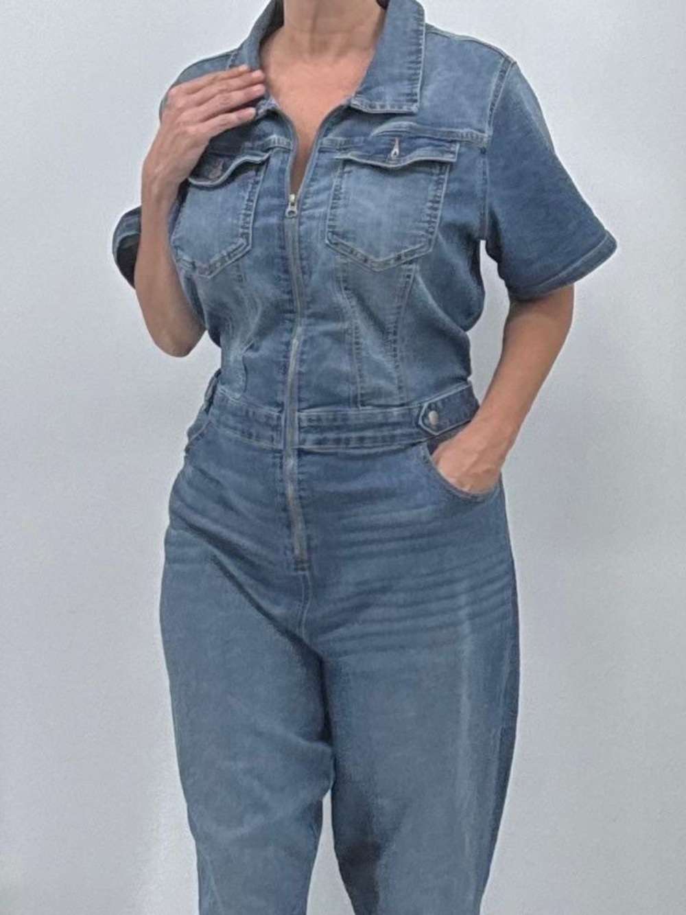 Celebrity Pink Retro 70s Zippered Boiler Suit Denim Overalls Jumpsuit - Picture 4 of 15